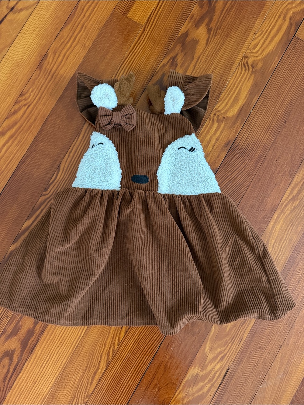 Brown Corduroy Reindeer Dress for Girls with Cream Sherpa Details